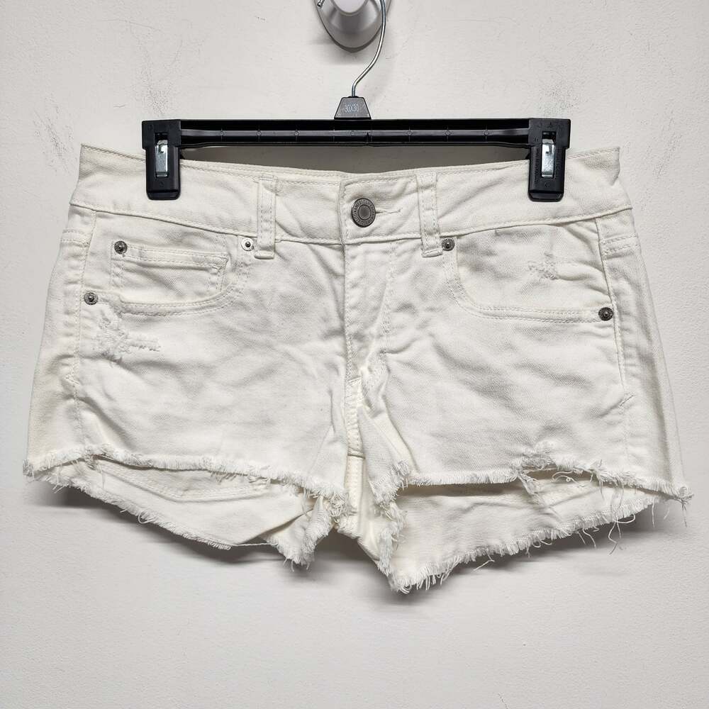 American Eagle White Cut Off Denim Jean Shorts Size 6 Ripped Hem Stretch 2014